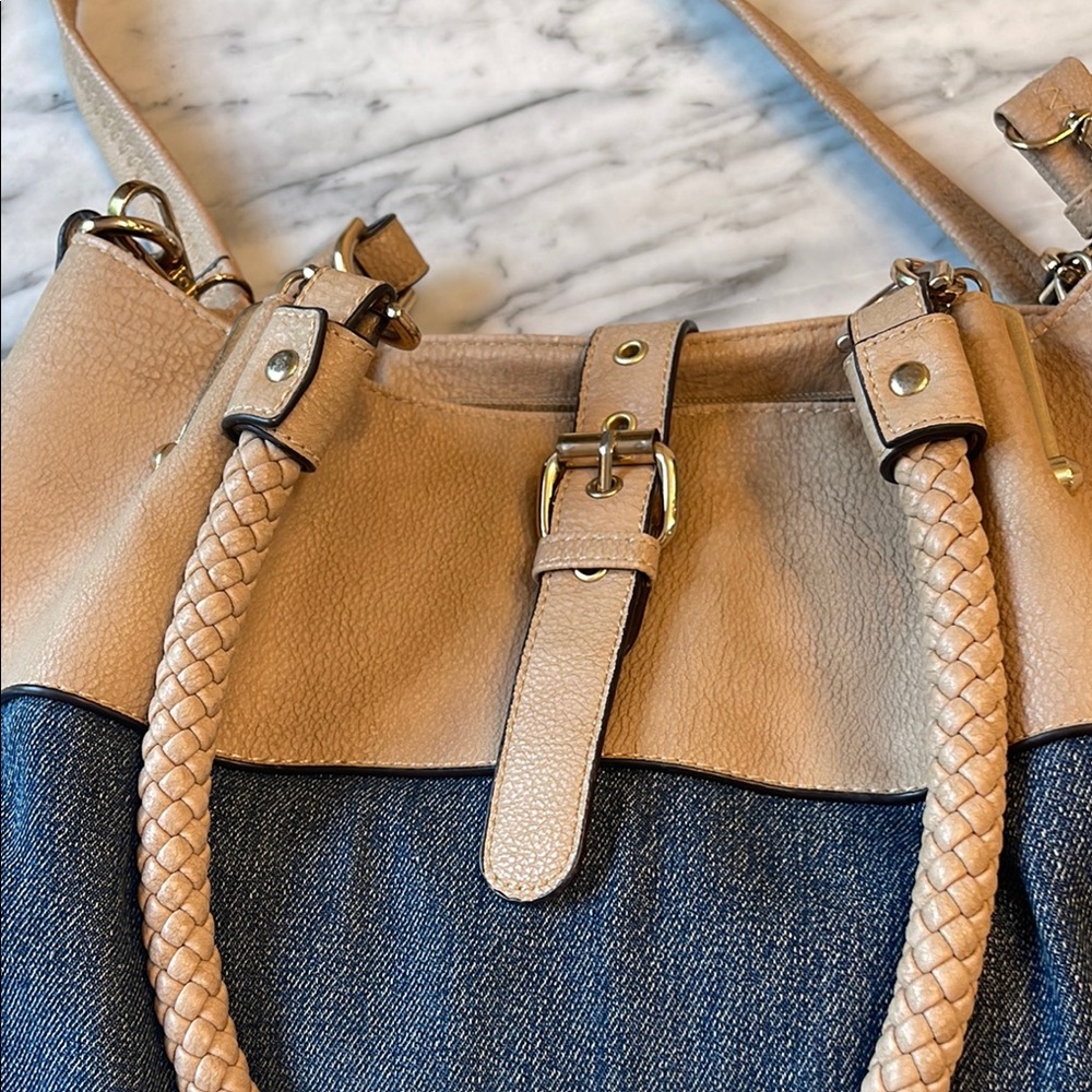 Black Rivet Denim & Tan Boho Shoulder Bag | Braided Handle Mixed Media Tote - Picture 6 of 8